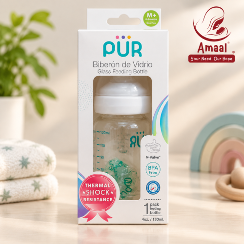 PUR Thermal Shock Resistant Glass Feeding Bottle with V-Valve Nipple – 130 ml