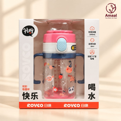 Rovco Smart Baby Straw Cup with Easy Grip Handles Secure Lid Design – 240ml