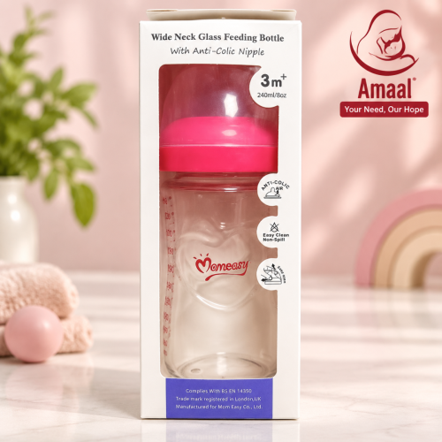 Momeasy Wide Neck Glass Feeding Bottle with Anti-Colic Nipple – 240 ml