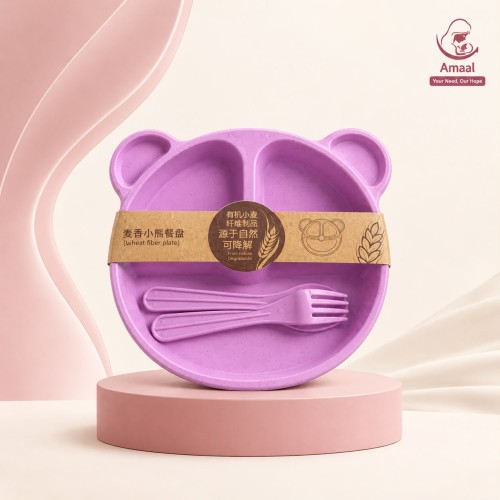 Baby Bear Wheat Fiber Divided Feeding Plate Set with Spoon