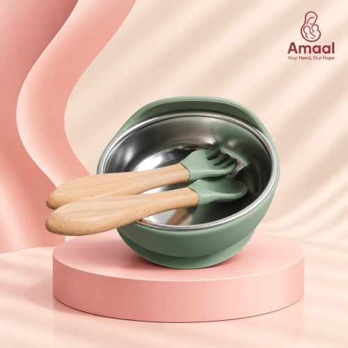 Premium Baby Feeding Bowl silicon and Stainless Steel with Spoon