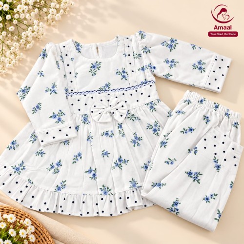 Baby Girls Blue Floral Bow Frock Set – Ivory White