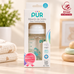 PUR Thermal Shock Resistant Glass Feeding Bottle with V-Valve Nipple – 240 ml