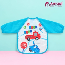 Long Sleeve Baby Bib – Blue Waterproof Feeding Apron with Vehicle Print